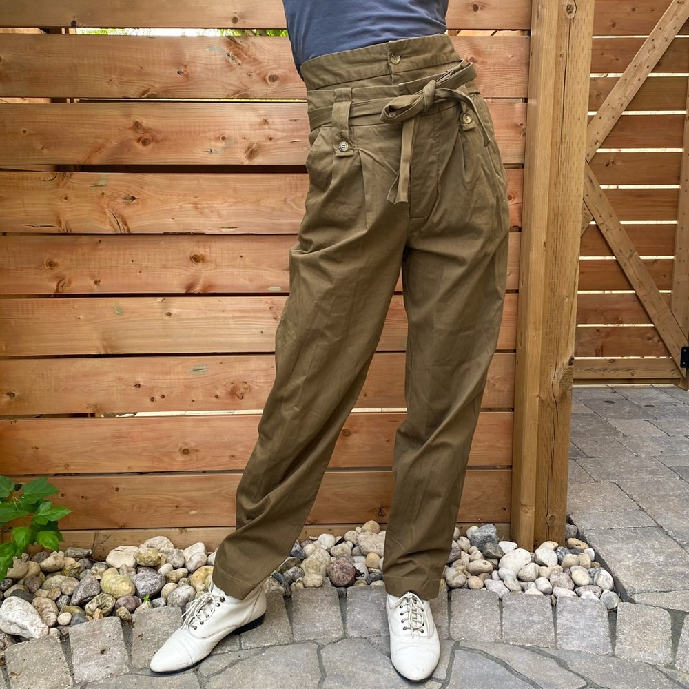 See by Chloe Ultra High Rise Khaki Straight Leg Pant With Two Button Rows Cotton